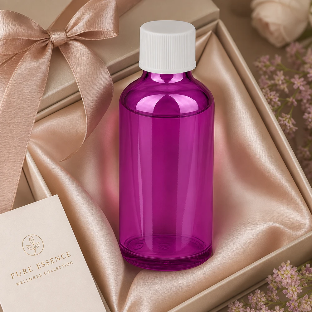 Elegant 50ml glazen flesje in violet met witte dop voor hoogwaardige wellness-essence