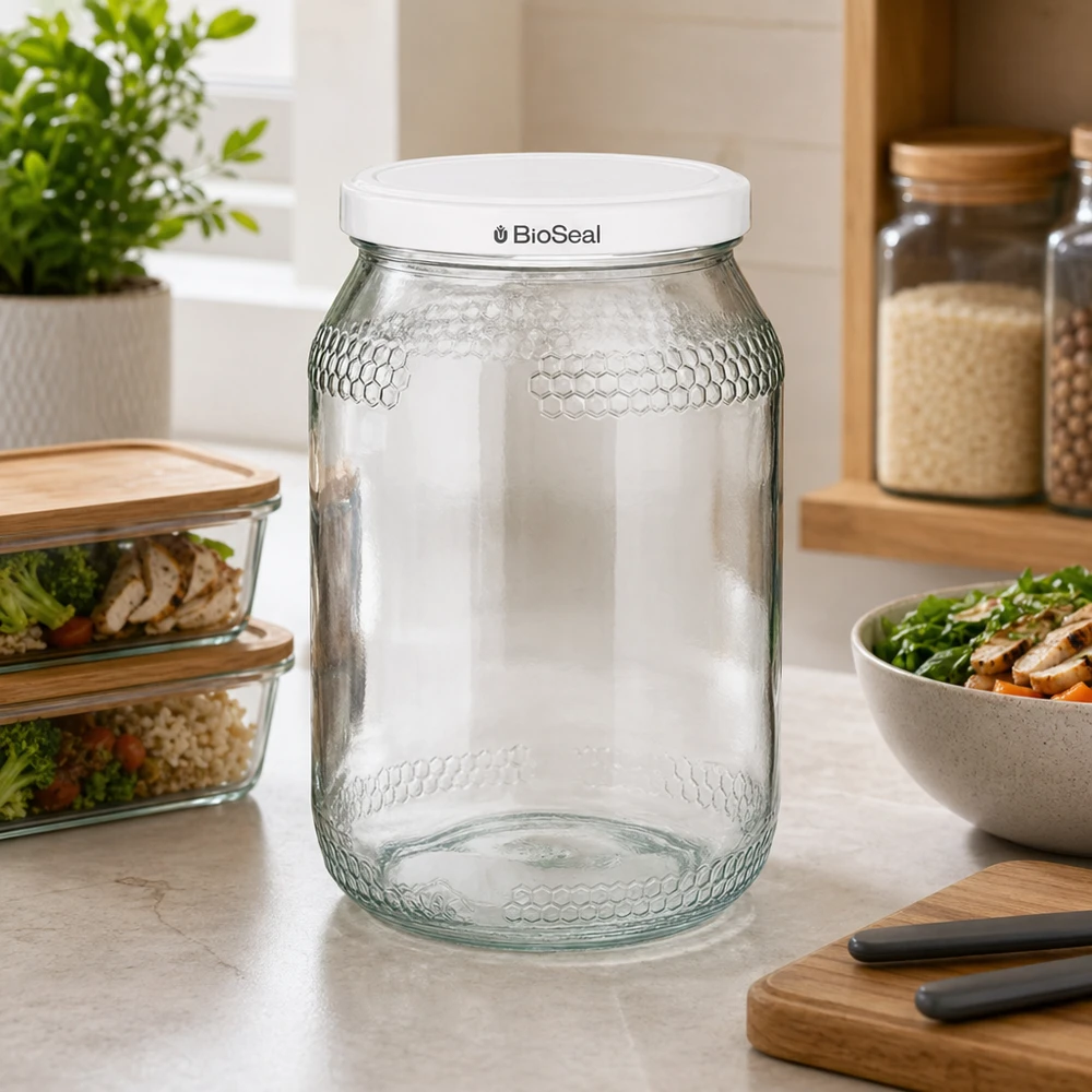 Lege 900 ml honingpot met wit BioSeal deksel in een moderne keuken naast voorraadpotten en slakom