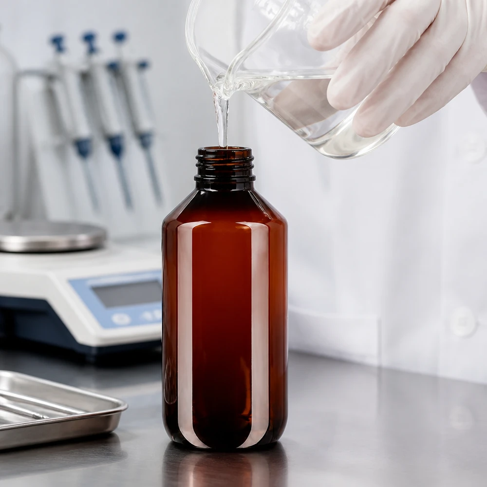 Vullen van een ondoorzichtige PET-fles van 100 ml met een witte, geribbelde OV-schroefdop in een laboratoriumomgeving