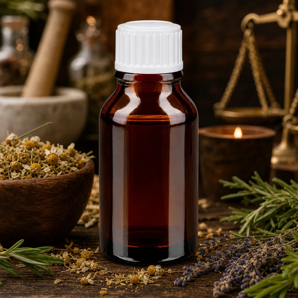 Bruine glazen fles 15ml met wit druppelsluiting 0.8mm St Aromatherapie-flesje van 15 ml, bruin met witte dop, naast rozemarijn en lavendel