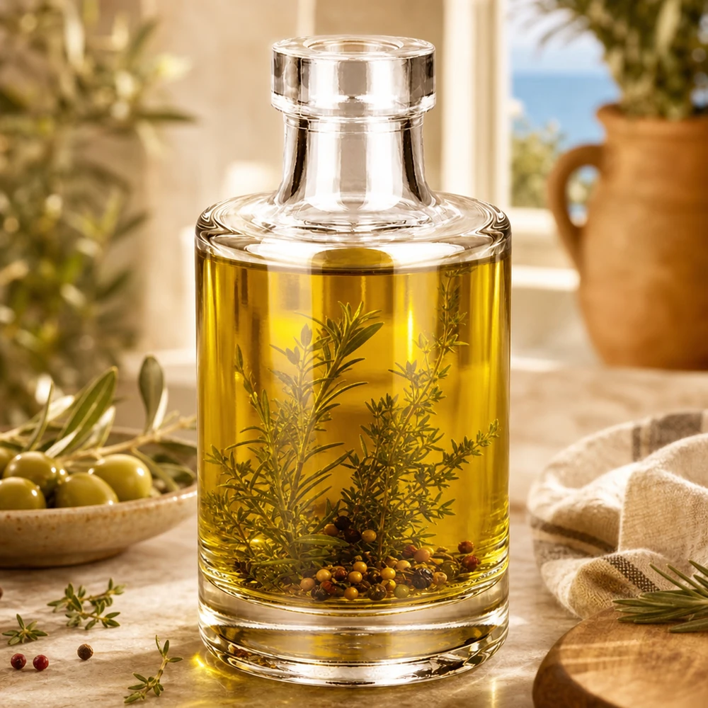 100ml glazen fles Marie gevuld met kruidenolie en specerijen als voorbeeld voor gebruik in de keuken en voor decoratie