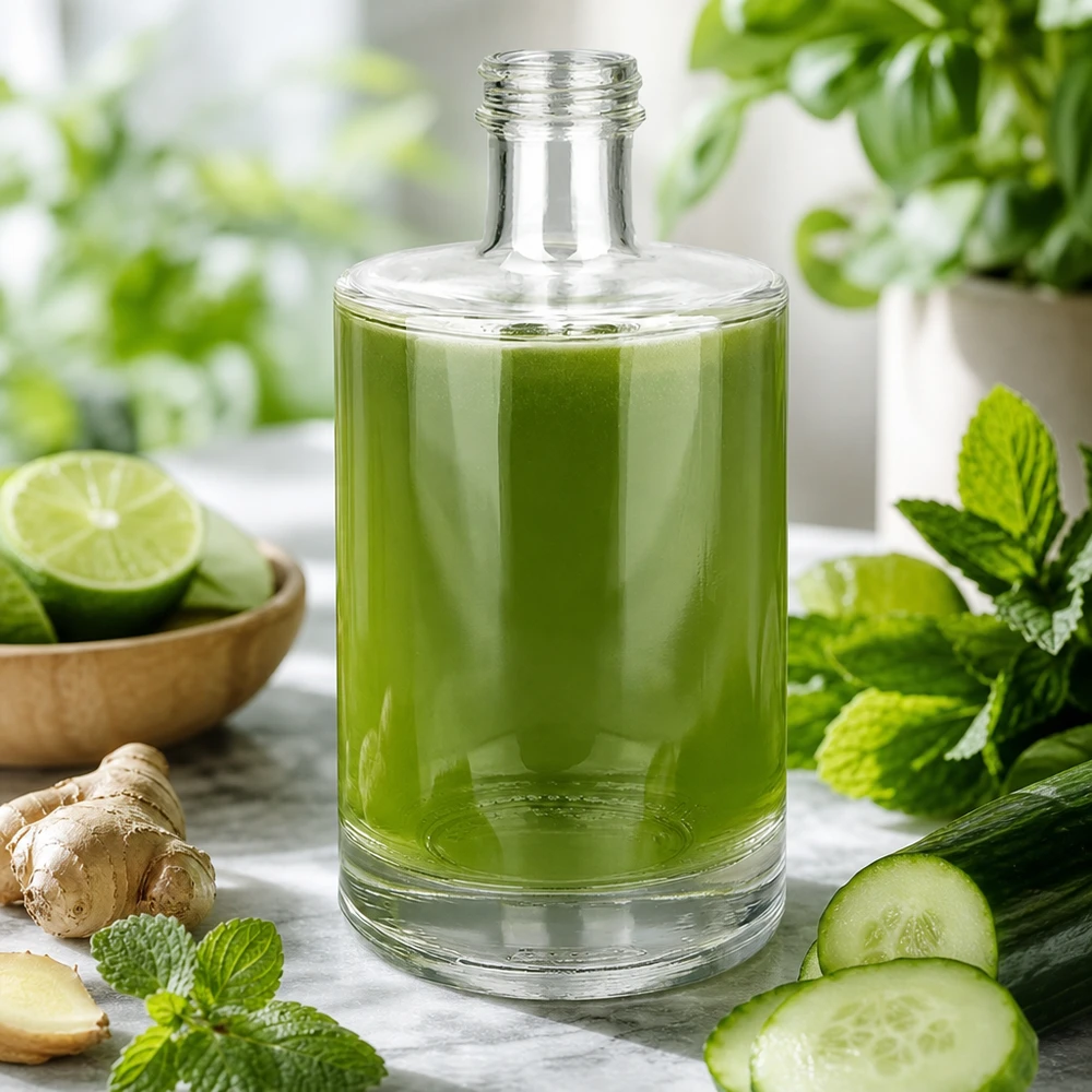 500 ml glazen fles Sam zonder schroefdop UNiTWIST® 500ml glazen fles Sam gevuld met groene smoothie omringd door verse ingrediënten munt komkommer gember limoen