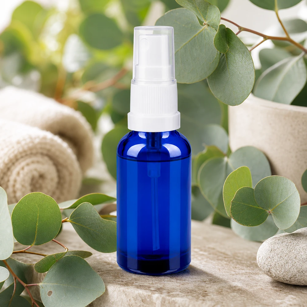 Professionele 30ml sprayflacon van UV-beschermend blauw glas met pompverstuiver