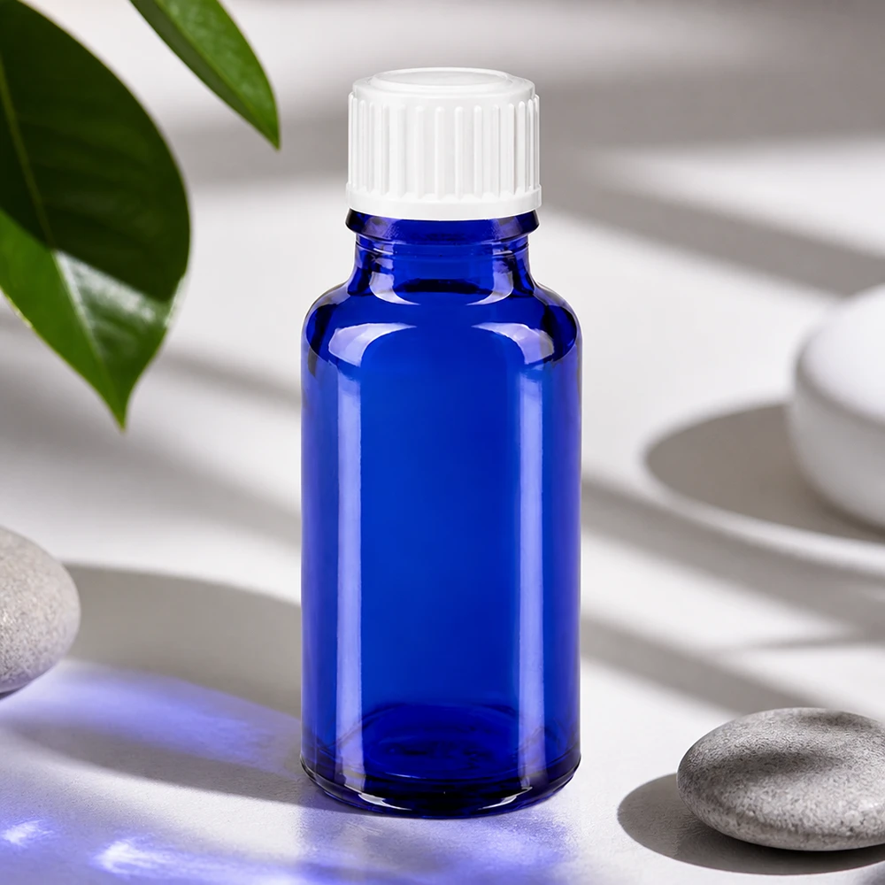 Blauwe glazen flessen 20ml met wit schroefsluiting Blauwe Apofles van 20 ml met witte SV STD-dop voor aromatherapie en natuurlijke cosmetica