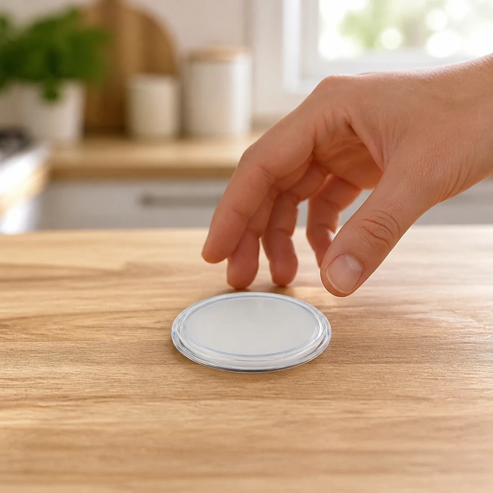 BasicSeal-deksel wit 63 mm TO63 met heldere rand, zijaanzicht op houten ondergrond UNiTWIST
