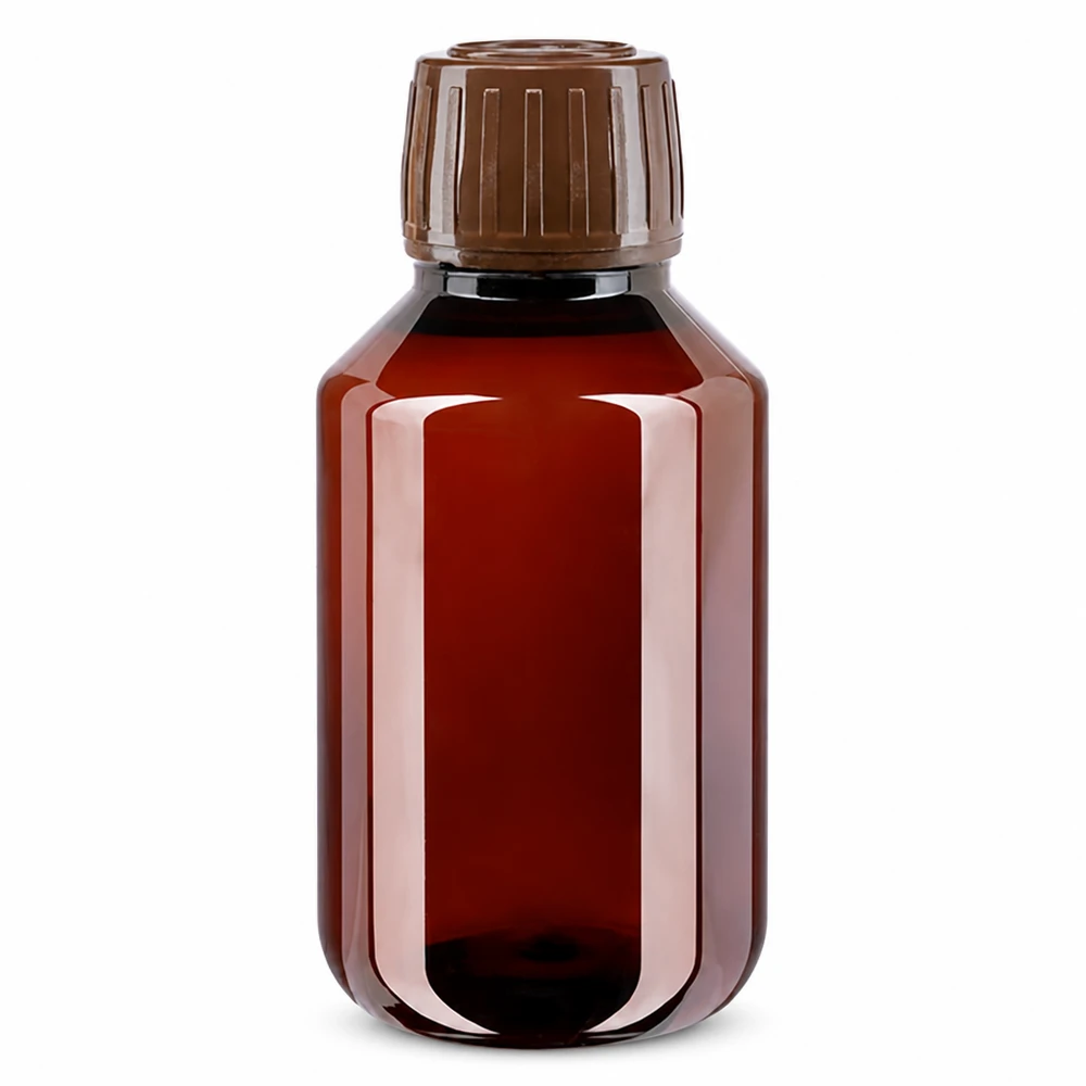 50 ml PET medicijnfles met verstuiver zwart GCMI 28/410 incl. dop transparant, standaard UV-schützende PET Flasche 100ml Braunglas-Optik mit originalem Verschluss