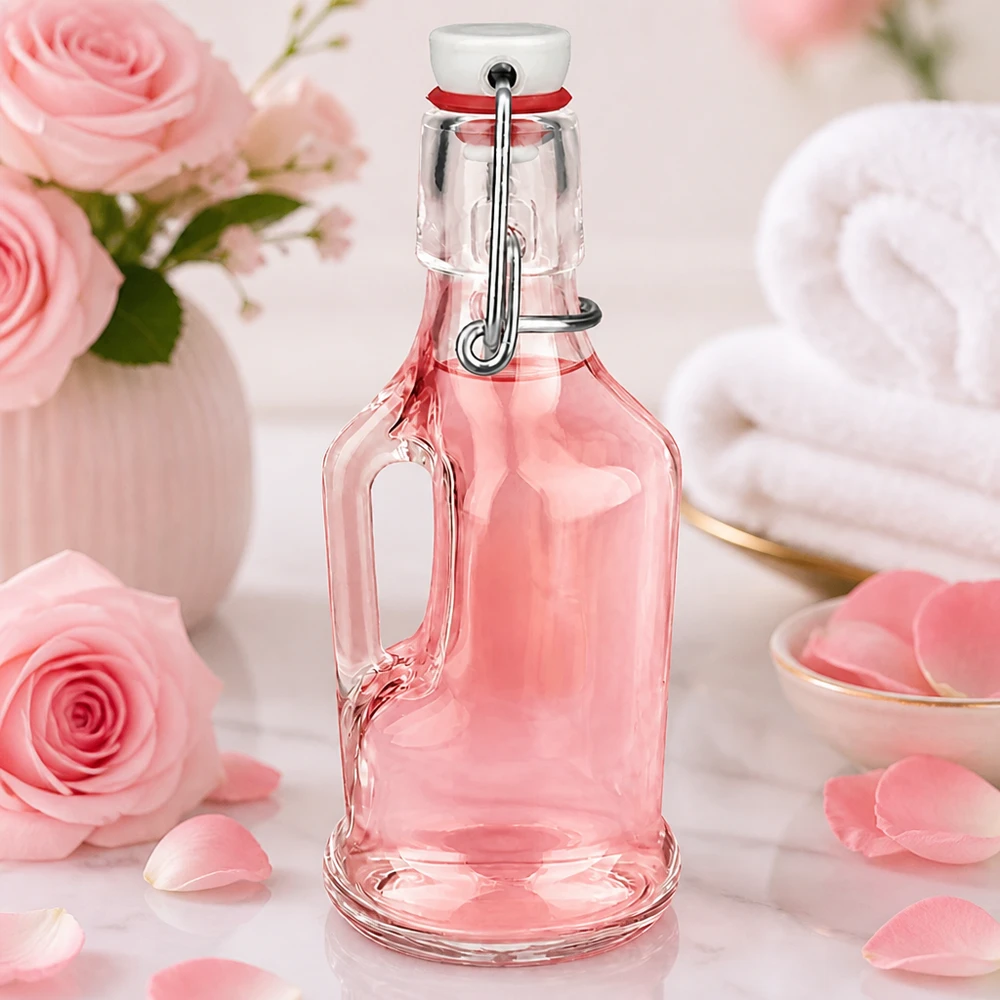 200 ml glazen fles Bertha roze getint in romantische decoratie met rozen en bloemblaadjes, UNiTWIST dop