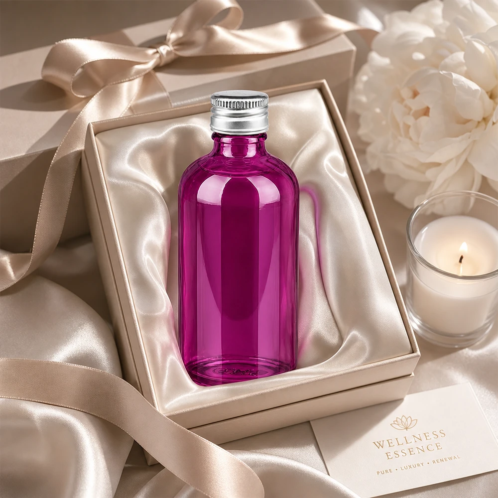 Hoogglans violet glazen fles 100ml met corrosievrije aluminium dop voor natuurlijke cosmetica
