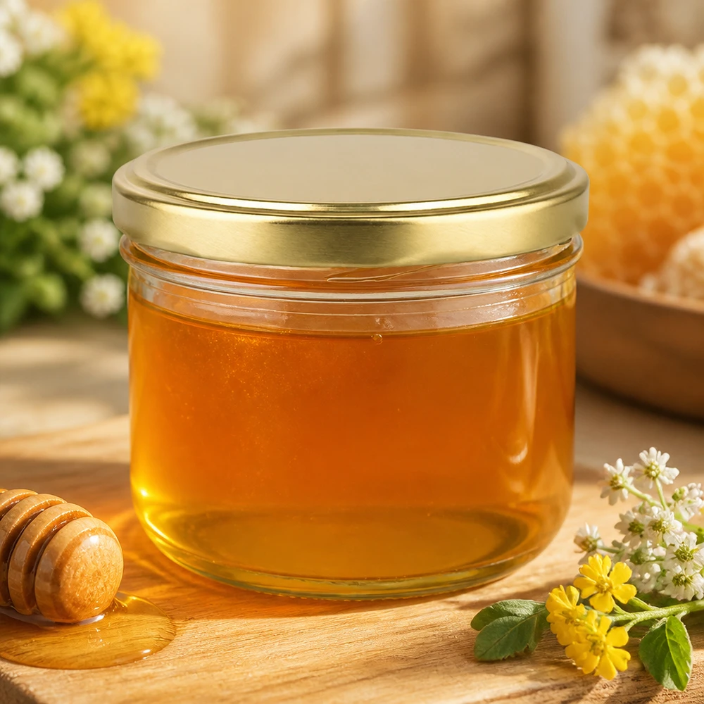 260 ml bekers gevuld met honing toont BasicSeal deksel goud UNiTWIST in een natuurlijke keukenomgeving