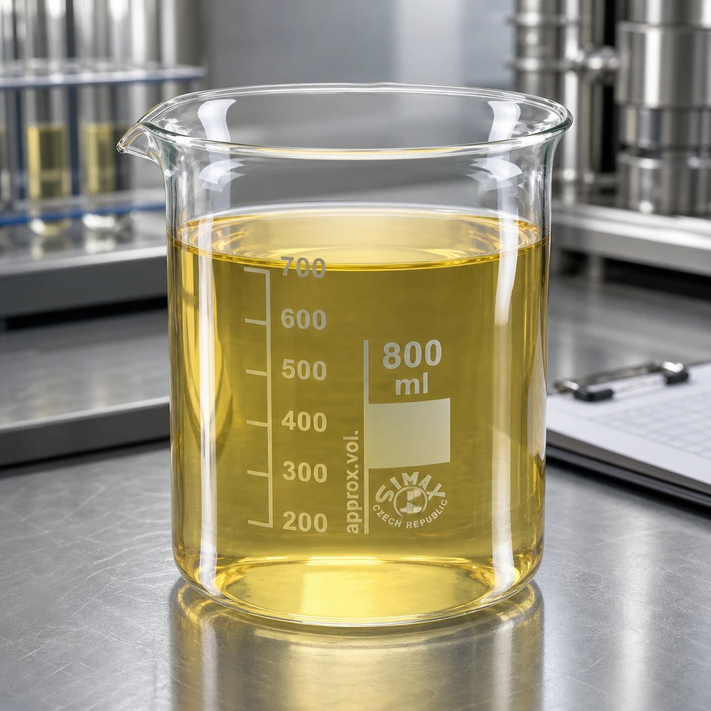 Laboratoriumbeker 800ml van robuust borosilicaatglas met gele testvloeistof op laboratoriumbank