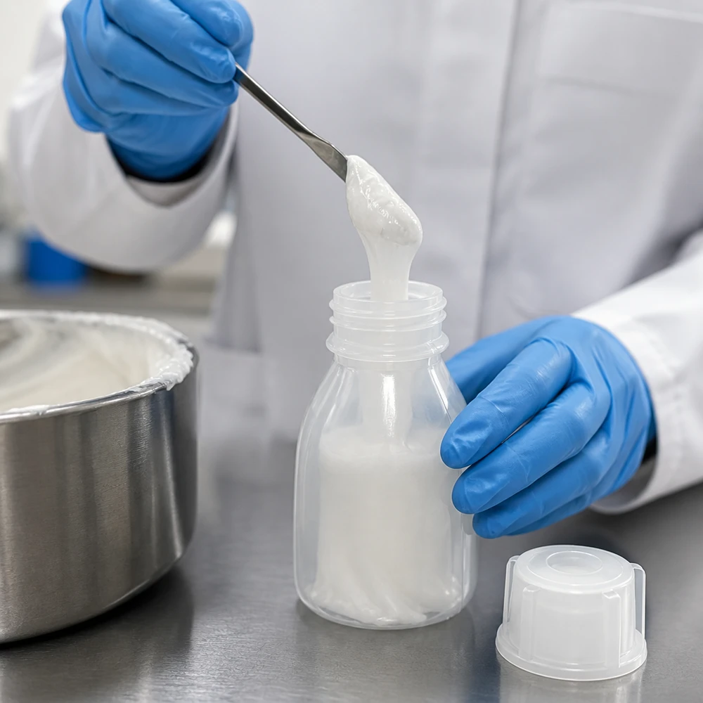 Nauwe hals laboratoriumfles 10ml met schroefsluiting Afvullen van monsters in schroefflessen met smalle hals van 10 ml naast een grote roestvrijstalen tank in een laboratoriumomgeving