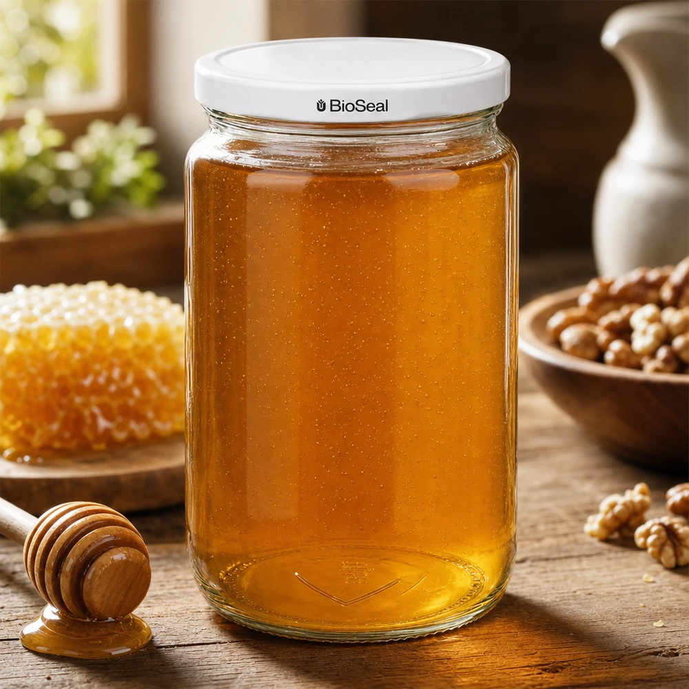 UNiTWIST Runda795 honingpot met BioSeal deksel gevuld met gouden honing naast honingraat en honinglepel