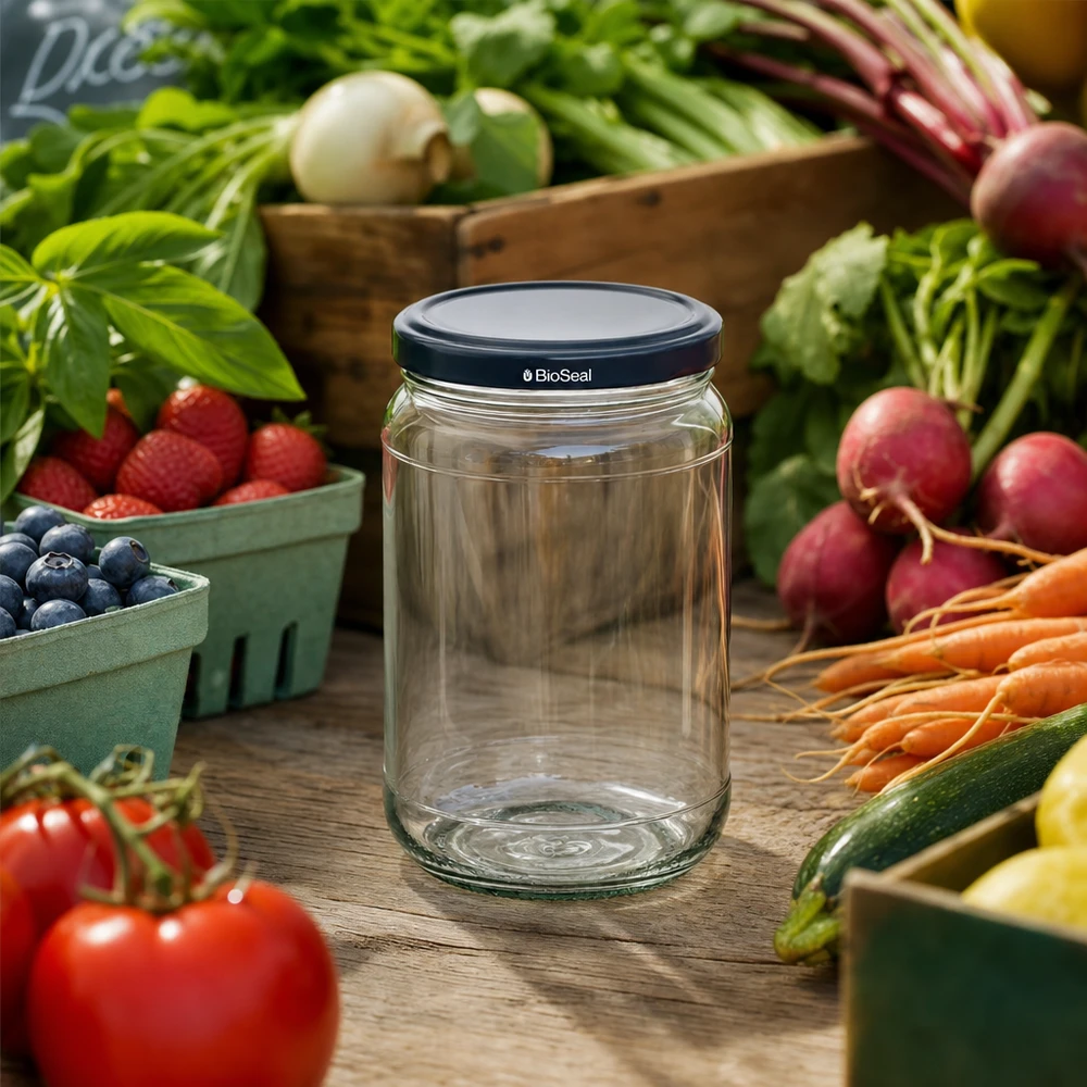 305ml rond glas met BioSeal deksel zwart UNiTWIST UNiTWIST Runda305 Vorratsglas mit schwarzem BioSeal Deckel inmitten frischem Marktgemüse und Obst auf Holztisch