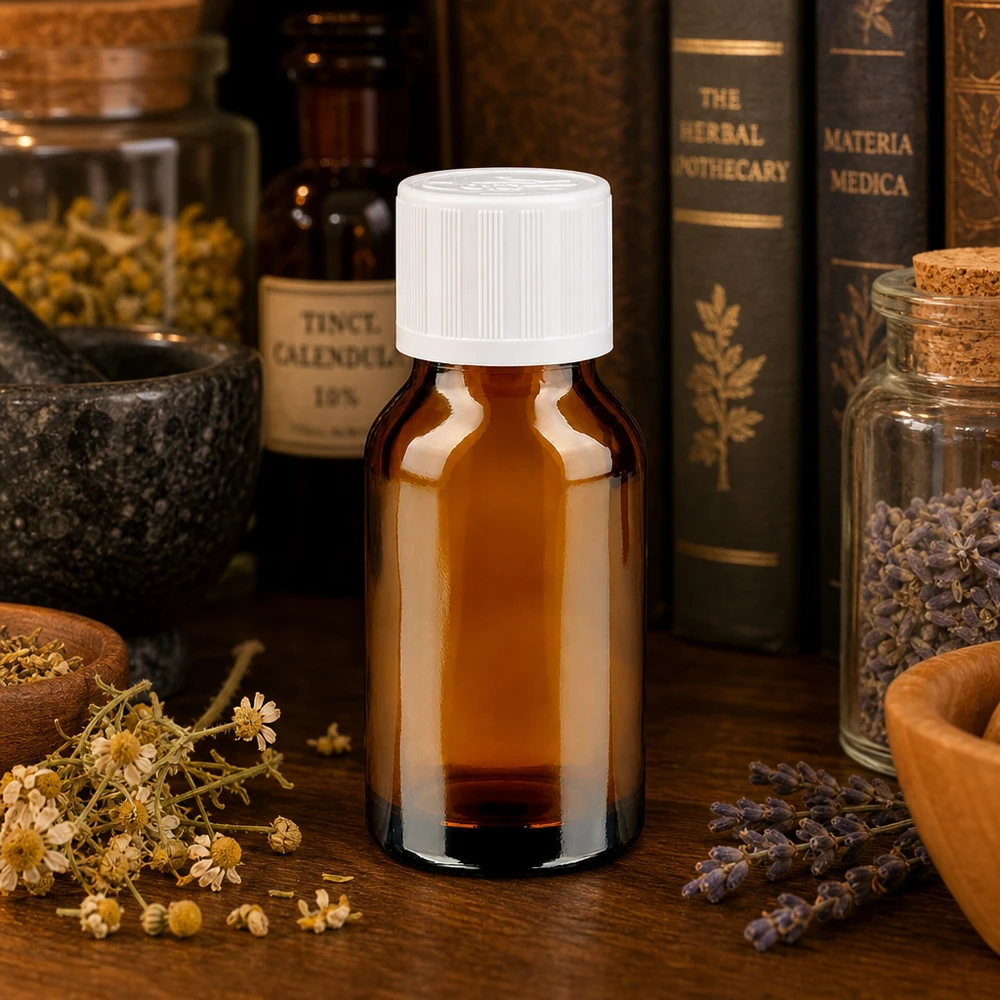 Lichtbestendige fles van 30 ml, bruin met een witte KiSi-dop van 11 mm, ideaal voor calendula-tinctuur en kruidenoliën