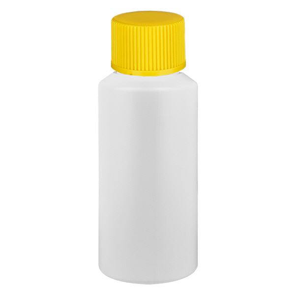 PET cilinderfles 30ml wit met schroefsluiting geel PET cilinderfles 30ml wit met schroefsluiting geel