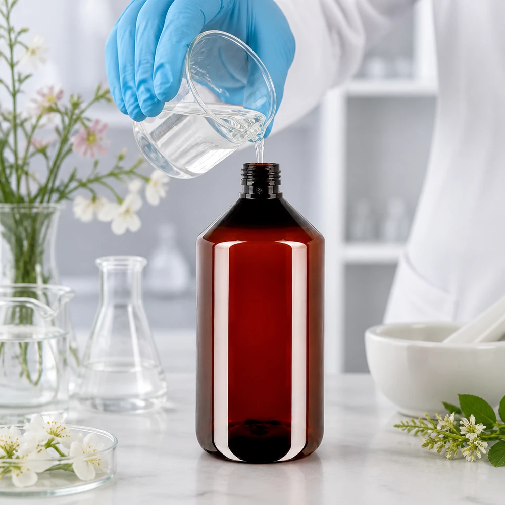 Stevige kunststof fles van 750 ml, type PP28, in amberkleur, voor apotheken en laboratoria