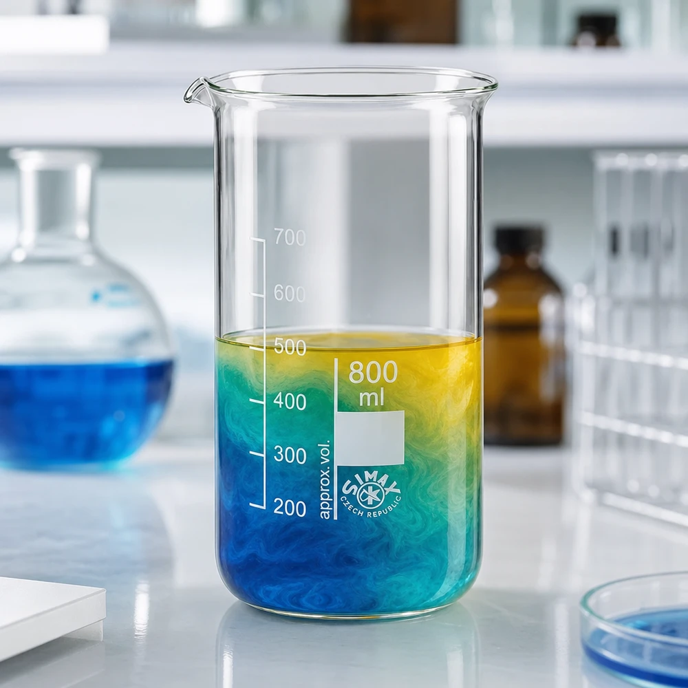 SIMAX bekerglas 800 ml, hoog model, met blauwe en gele vloeistoflagen in het reageerbuislaboratorium