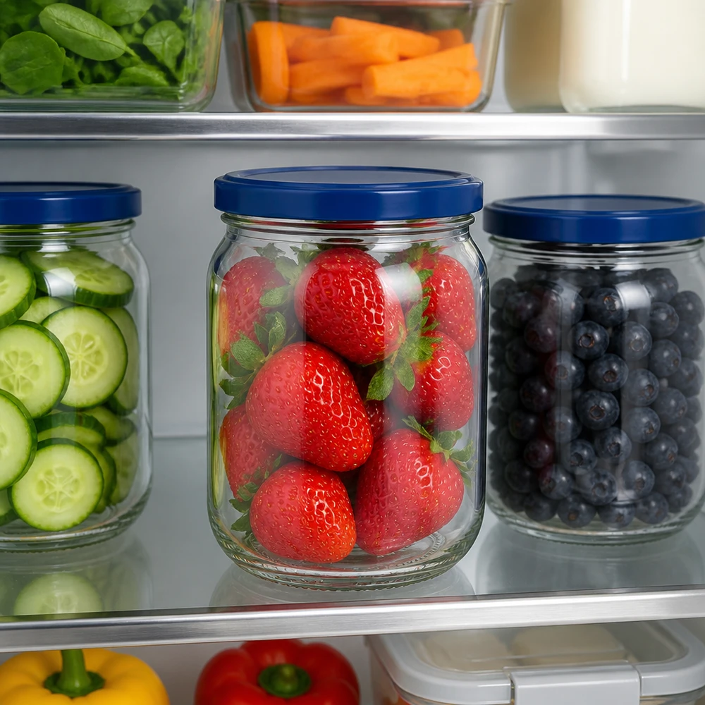 Verse aardbeien, bewaard in een rond UNiTWIST-glas van 555 ml met een blauwe BasicSeal-deksel, naast bessen en komkommers
