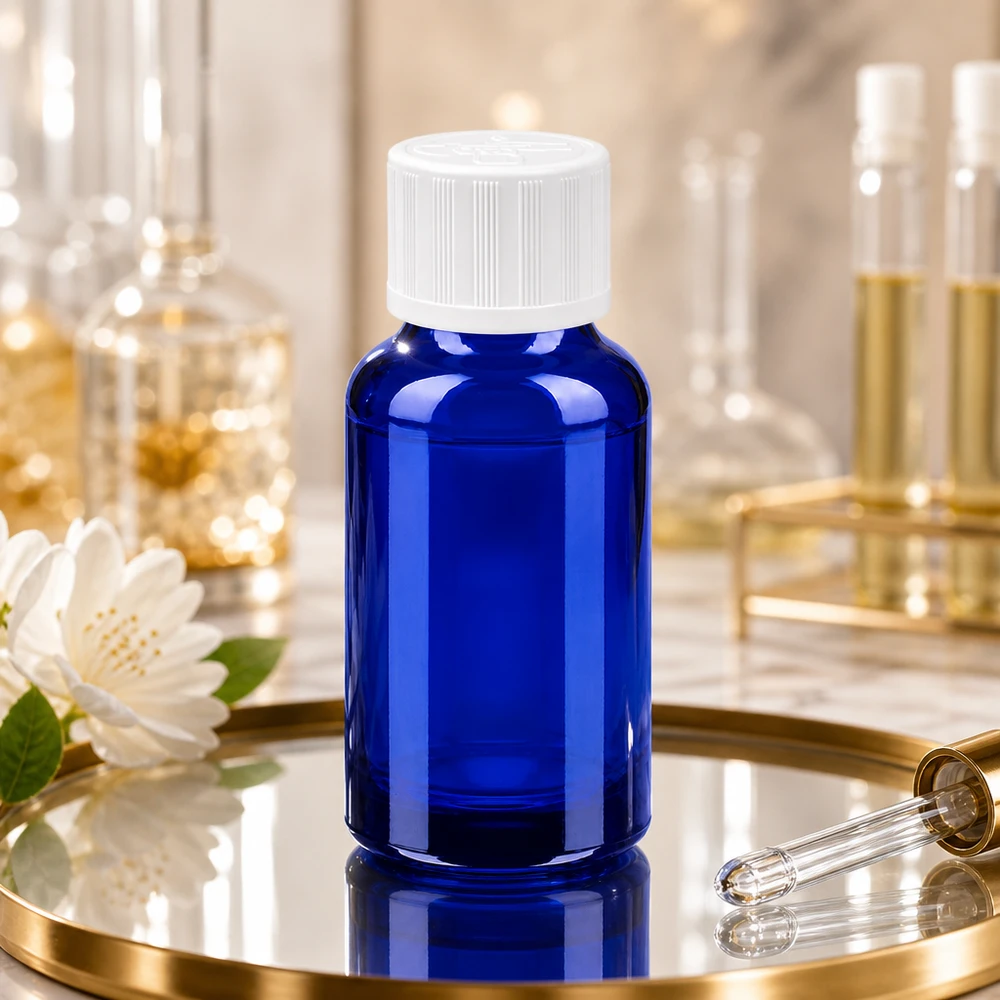20ml BlueLine glazen fles met witte dop perfect voor doe-het-zelf mengsels en natuurlijke cosmetica