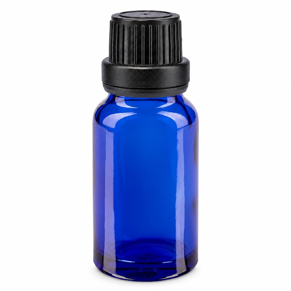 Kobaltblauwe glazen fles van 10 ml met originele sluiting, ideaal voor het bewaren van essences en oliën