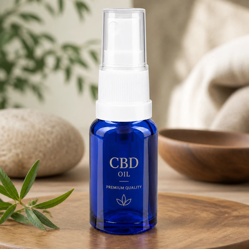Blauw mini-flesje van 10 ml met verstuiver op een houten dienblad, naast natuursteen en groene bladeren
