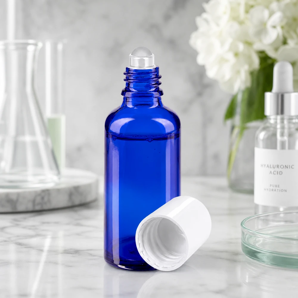 Apothekersflesje blauw 50ml roll-on cap wit Kobaltblauwe roll-on-doseerfles van 50 ml met verwijderde witte dop en applicator met glazen bolletje