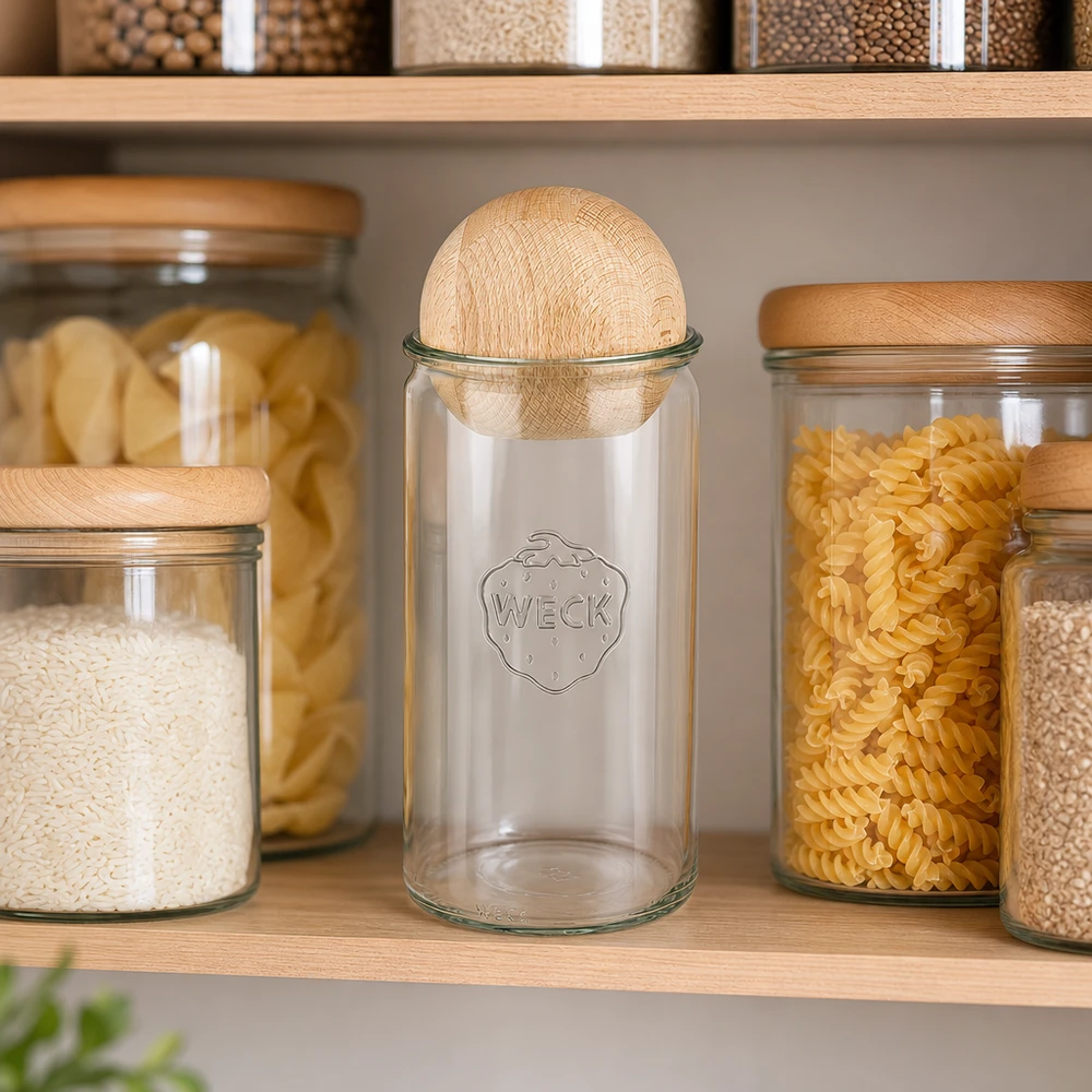 WECK cilinderpot 1590ml RR100 met houten bal in een georganiseerde opbergkeuken naast rijst, pasta en andere etenswaren
