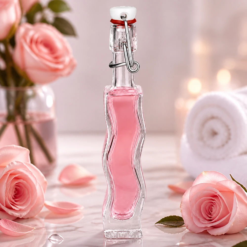 40ml Anna glazen fles met roze vloeistof in een romantische setting met rozen en zachte pastelkleuren