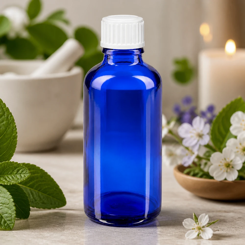 Apothekersflesje blauw 50ml schroefdop wit standaard Cilindrische blauwe apothekersfles van 50 ml met witte standaarddop, naast een vijzel en een kaars