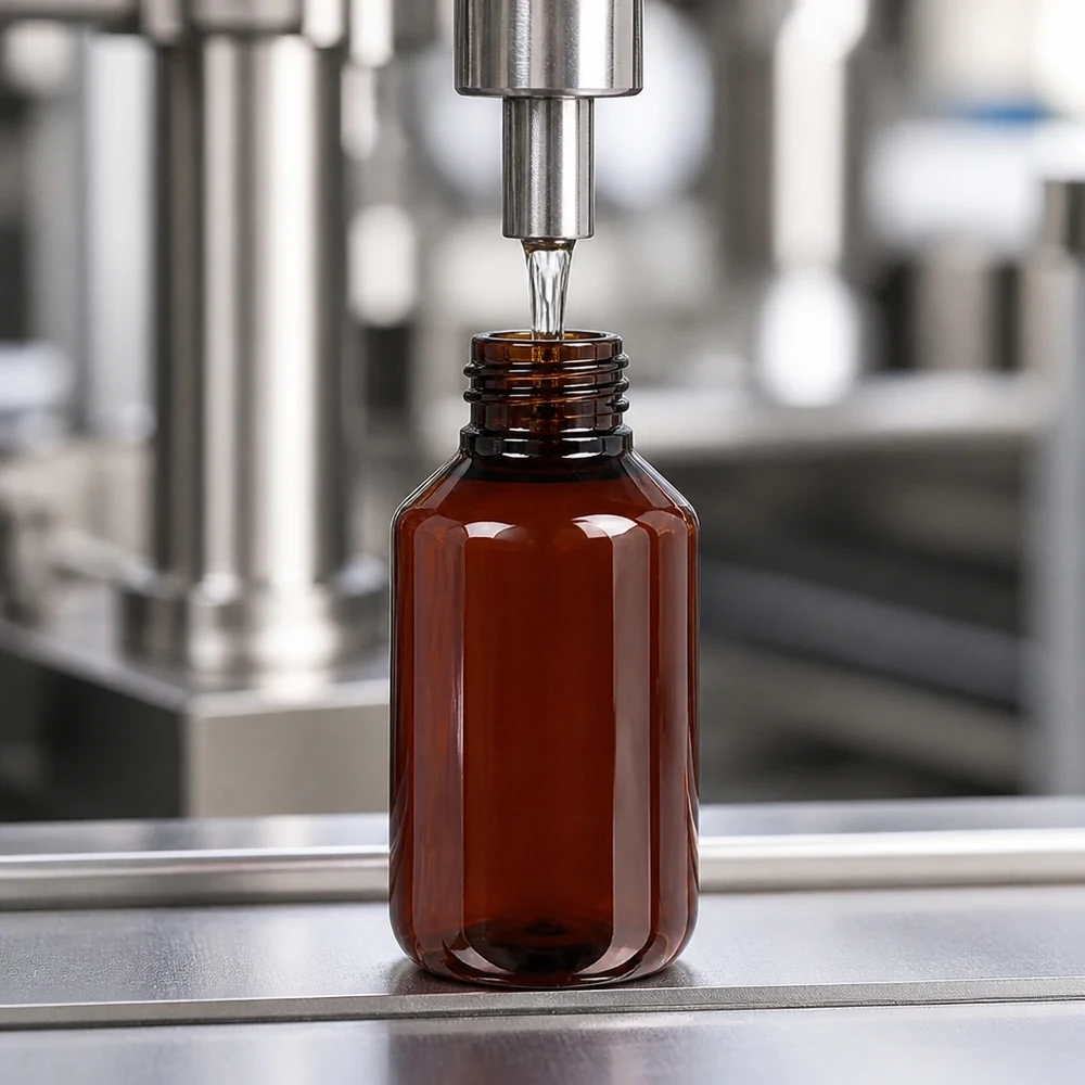 50 ml PET medicijnfles met verstuiver zwart GCMI 28/410 incl. dop transparant, standaard Automatisierte Serienabfüllung bernsteinfarbener 100ml PET Flaschen mit braunem OV Deckel