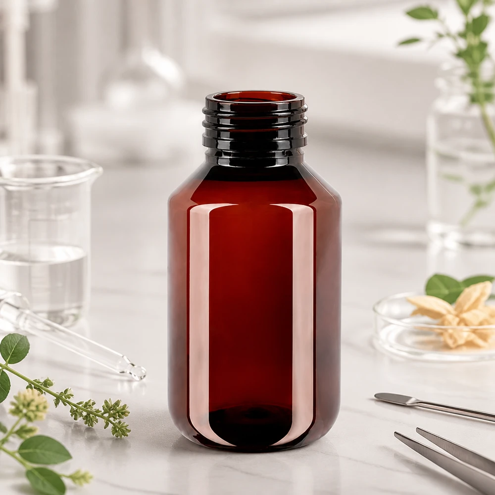 PET-fles 100ml met bruine dop Standaard Dunkelbraune PET Flasche 100ml mit Standardverschluss für ätherische Öle und Naturextrakte