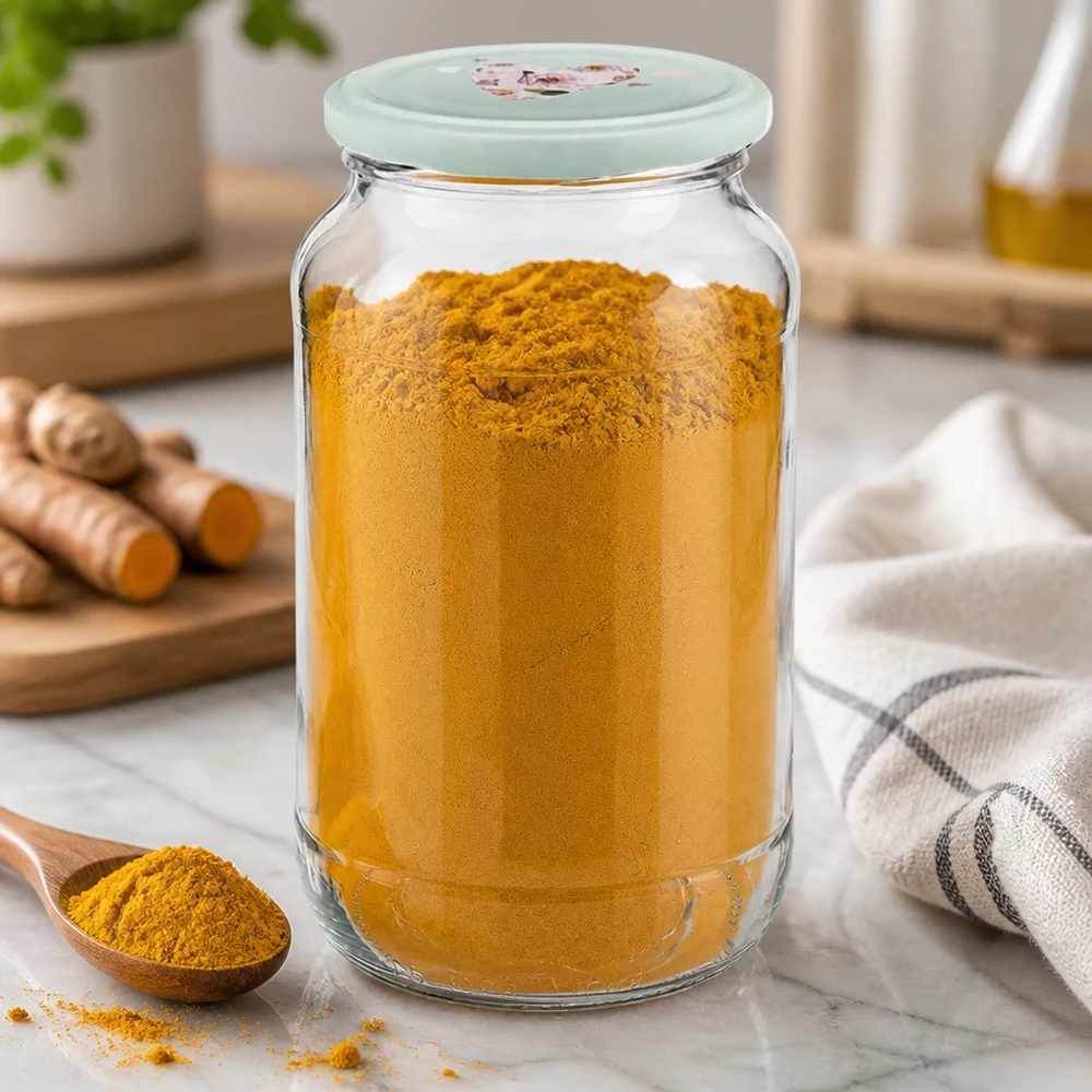 Kurkumapoeder in een rond potje van 1062 ml met een mintgroen hartvormig deksel voor veelzijdig kruiden bewaren in de keuken