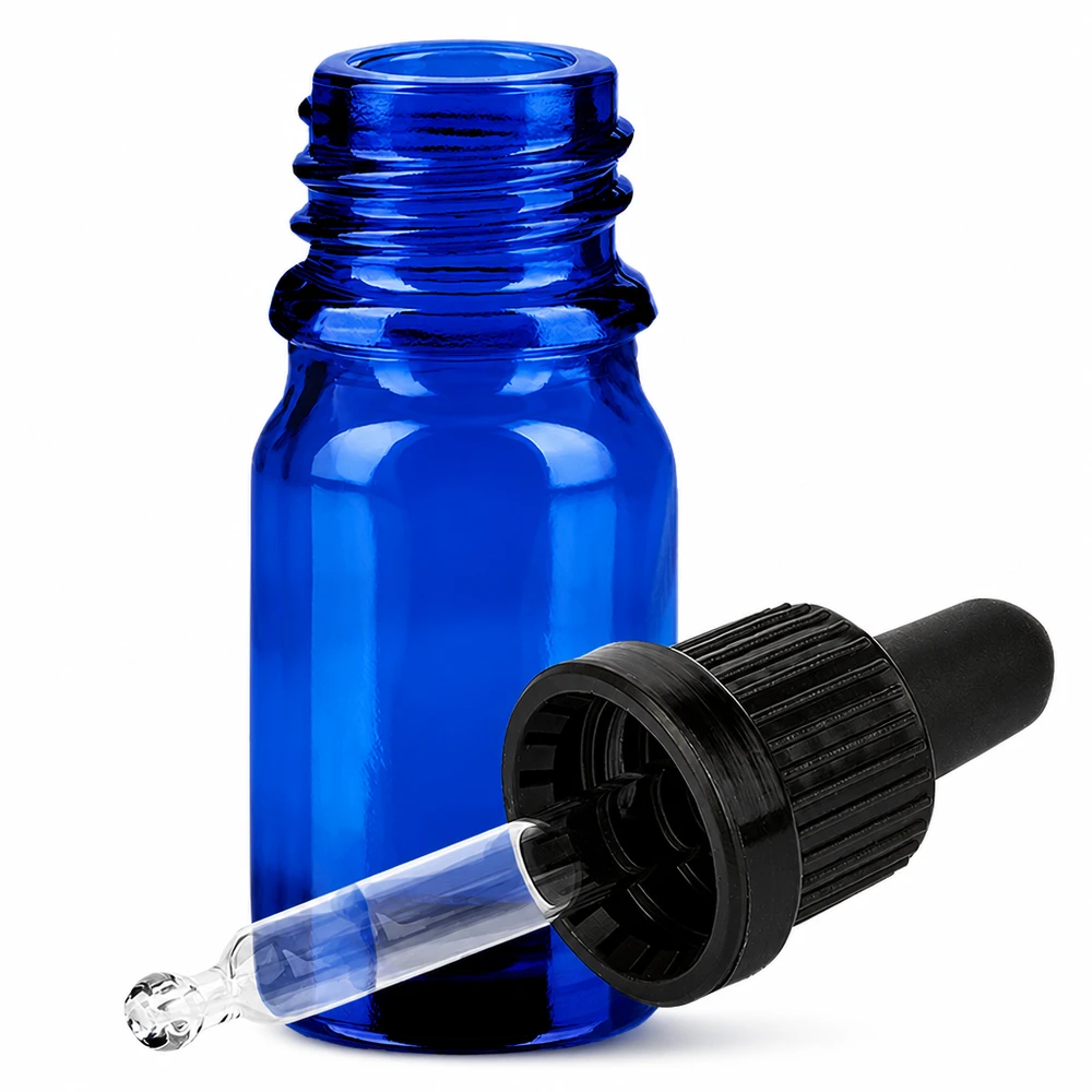 Laboratoriumflesje 5ml met zwarte pipetdop van blauw glas OV BlueLine UT18/5
