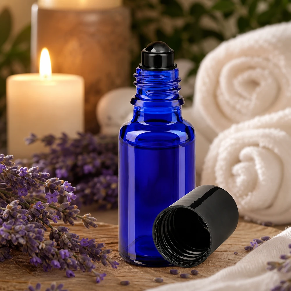 Glas deostick fles blauw 20ml, lege deo roller (Roll On) Blauw glazen flesje van 20 ml met een zwarte roller naast lavendelbloemen en handdoeken