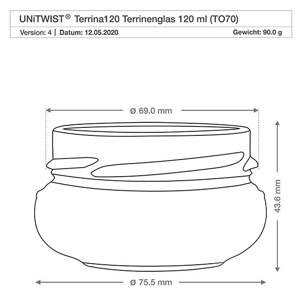 120ml terrine zonder deksel (TO70) UNiTWIST UNiTWIST Terrina120 terrine glas 120ml TO70 met technische tekening en afmetingen 69mm diameter 43,6mm hoogte