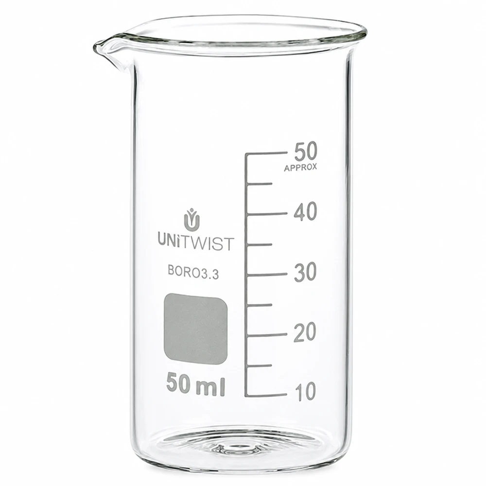 UNITWIST maatbeker van 50 ml, gemaakt van hittebestendig borosilicaatglas, met schrijfveld