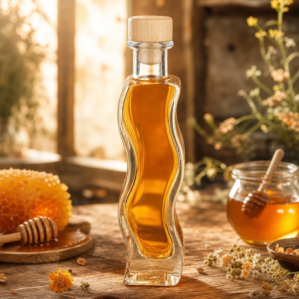 100 ml glazen fles Melissa met houten handgreepkurk UNiTWIST® Glasflasche Melissa 100ml mit Honig befüllt rustikale Küche Holzkorken Bienenwaben natürliche Dekoration