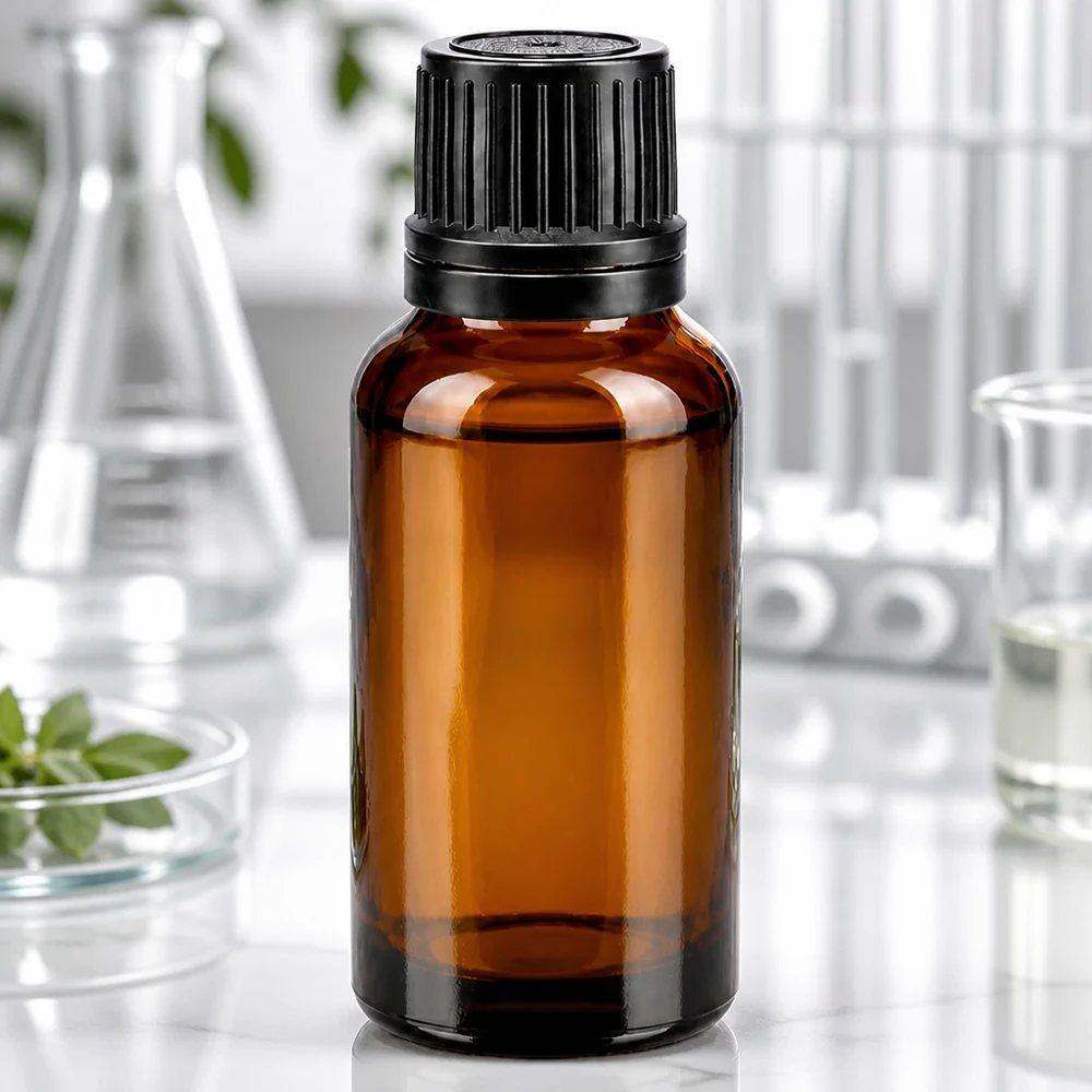 Voorraadfles van 20 ml van bruin glas met een zwarte OV-dop, ideaal voor tincturen en extracten