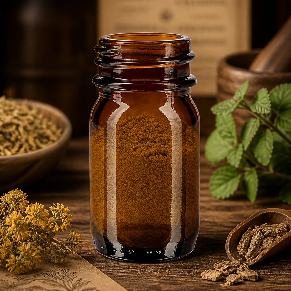 Kleine 30 ml fles met wijde hals van amberkleurig glas van hoge kwaliteit voor poeders en korrels