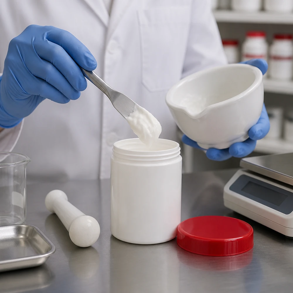 Zalfpot 200 g wit met rood schroefdeksel (PP) Bereiding van een apothekerspreparaten met een witte zalfpot van 200 g en een porseleinen vijzel