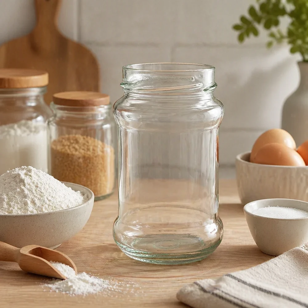 UNiTWIST Runda390 ronde pot 390ml TO66deep lege inmaakpot op houten plank in keuken met bakingrediënten en eieren