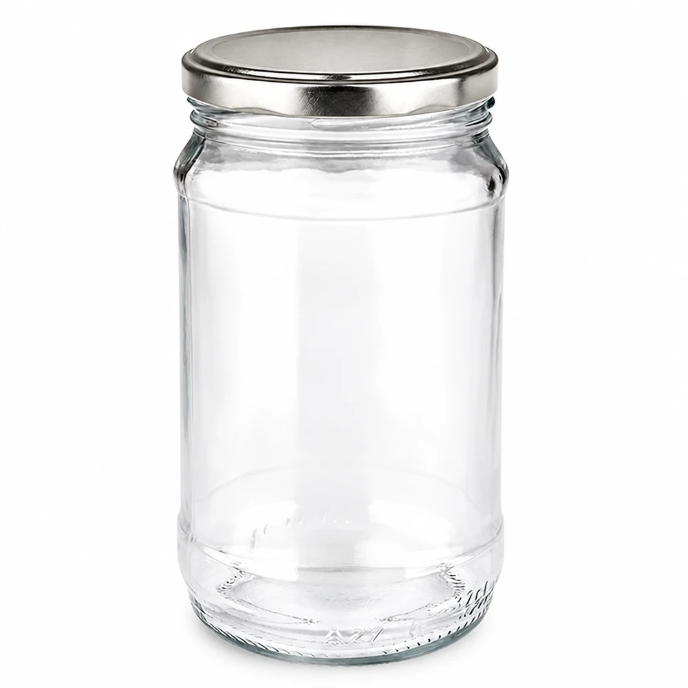 Rond glas van 370 ml + BasicSeal zilver UNiTWIST Glazen pot van 370 ml met zilveren twist-off-deksel van BasicSeal, cilindrische vorm, gemaakt van hoogwaardig helder glas
