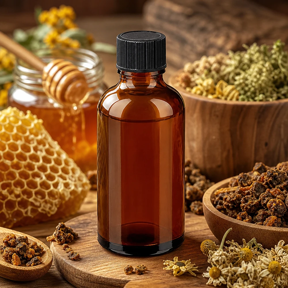 Amberkleurig glazen flesje van 50 ml met zwarte druppeldop beschermt de inhoud tegen oxidatie en blootstelling aan licht