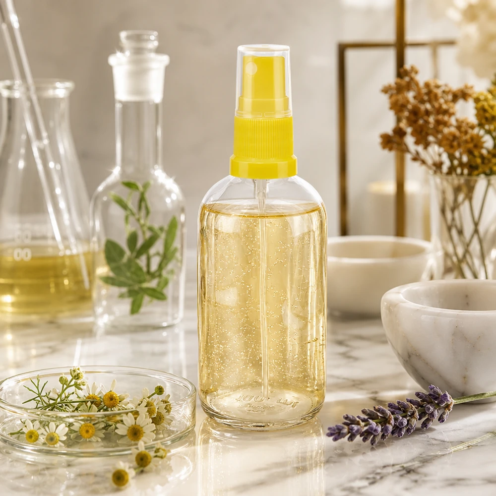 Gevulde ClearLine UT18-spuitfles van 100 ml met gouden olie en kamillebloemen op marmer