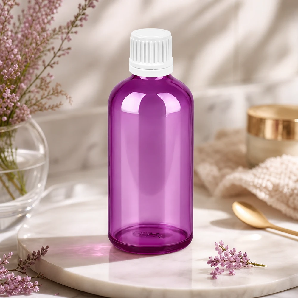 Paars 100ml smaakflesje met witte dop perfect voor geurolie en parfumcreaties