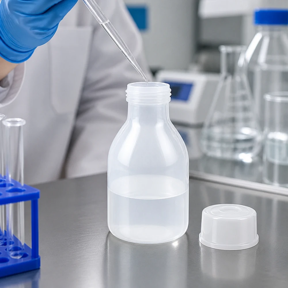 Compacte laboratoriumfles van 20 ml met smalle hals, naast Erlenmeyer-kolven en reageerbuisjes