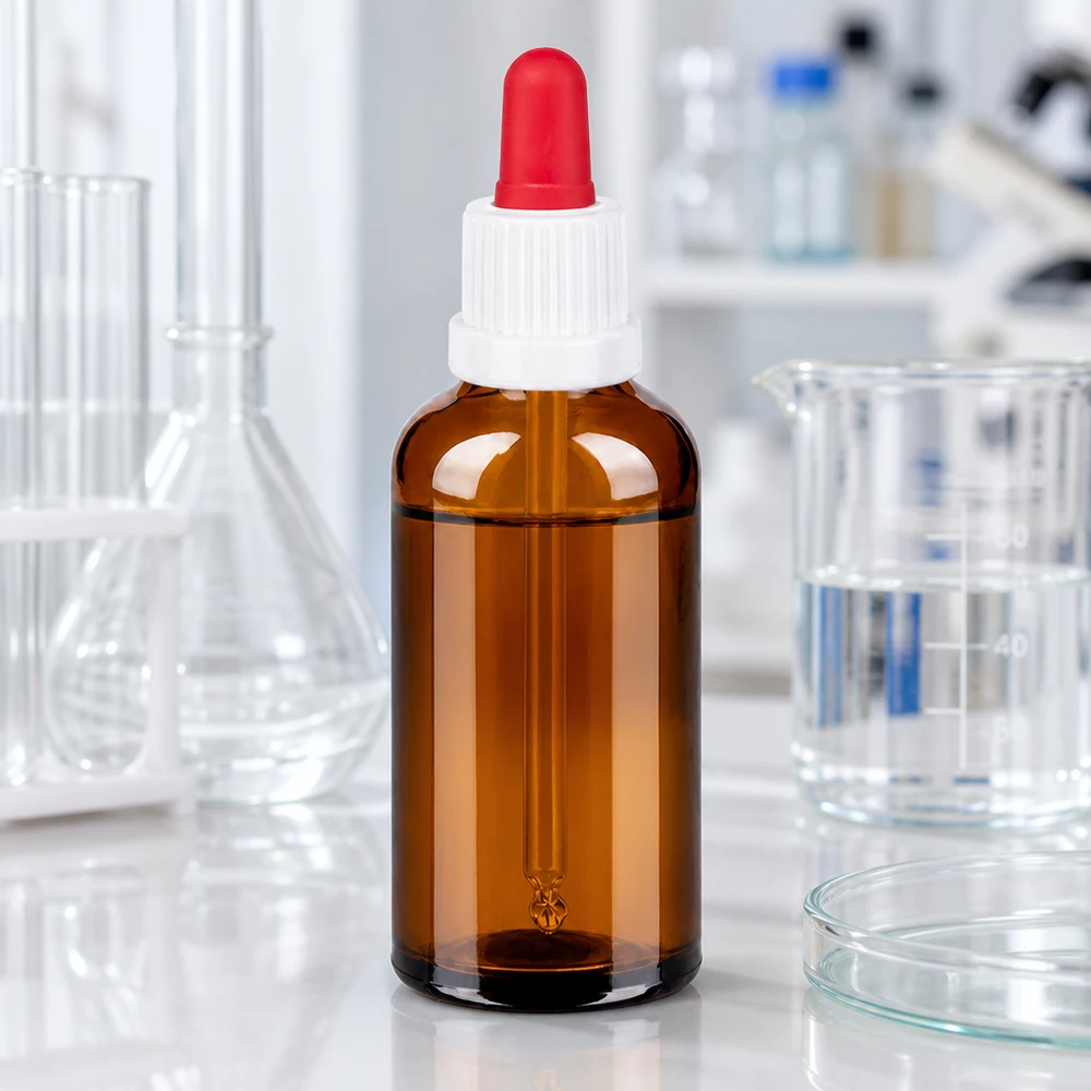 Professionele laboratoriumfles van 50 ml gemaakt van UV-beschermend amberkleurig glas met ergonomische druppeldop