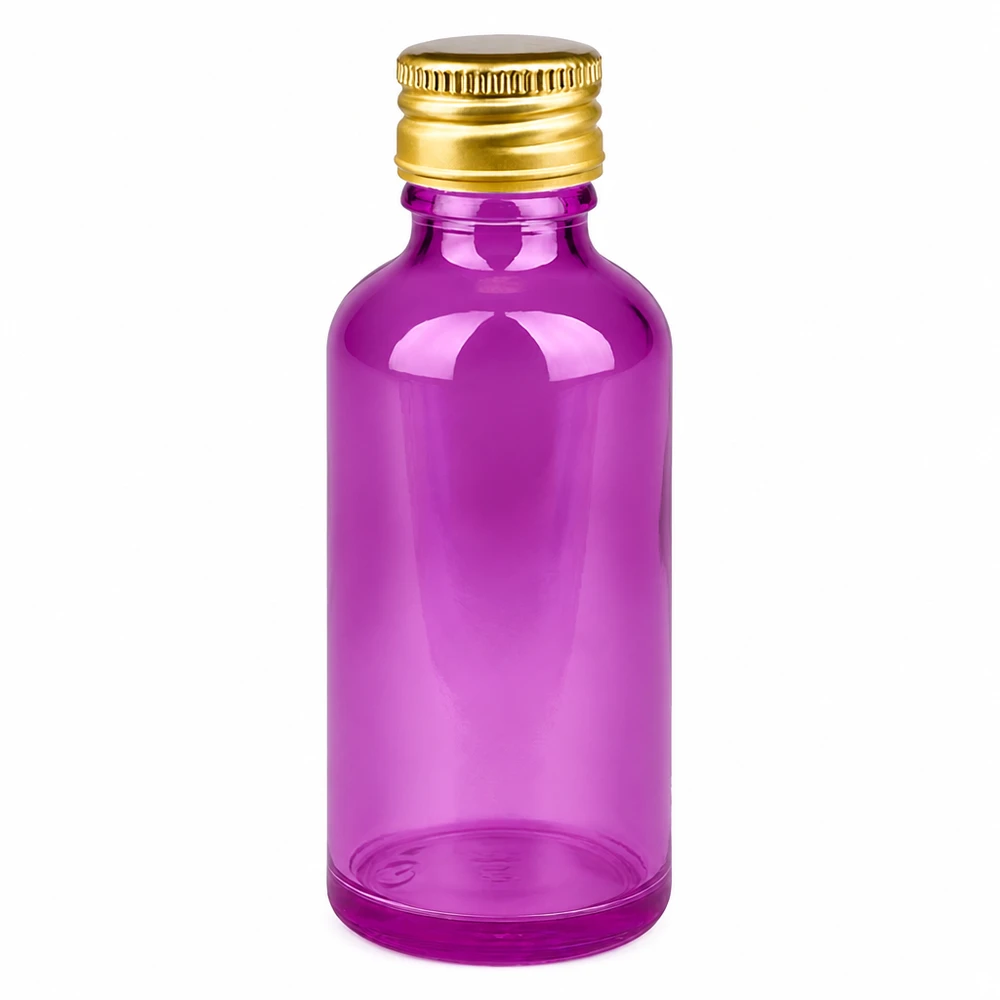 50ml flacon 11mm schroefdop aluminium gouden standaard PurpleLine. UT18/50 Ronde glazen fles 50ml in elegant paars met standaard 11mm schroefdraad voor doe-het-zelf cosmetica