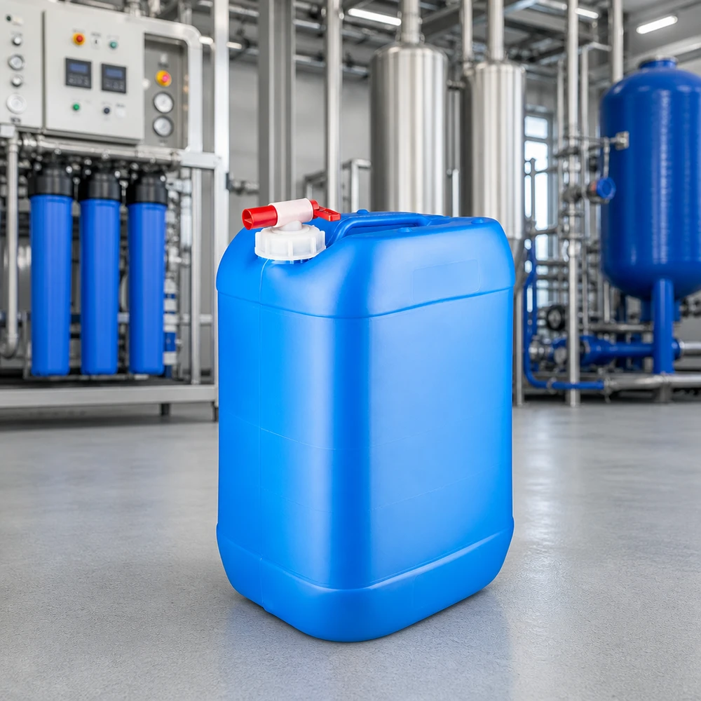 Blauwe polyethyleen jerrycan van 25 liter met rode kogelkraan, geschikt voor chemische bedrijven
