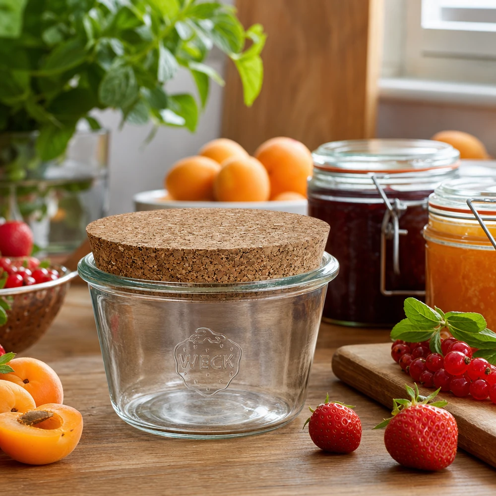 370ml stortglas WECK RR100 met kurk WECK RR100 bekers 370ml kurkdeksel in keukenscène met vers fruit en jampotten op houten tafel
